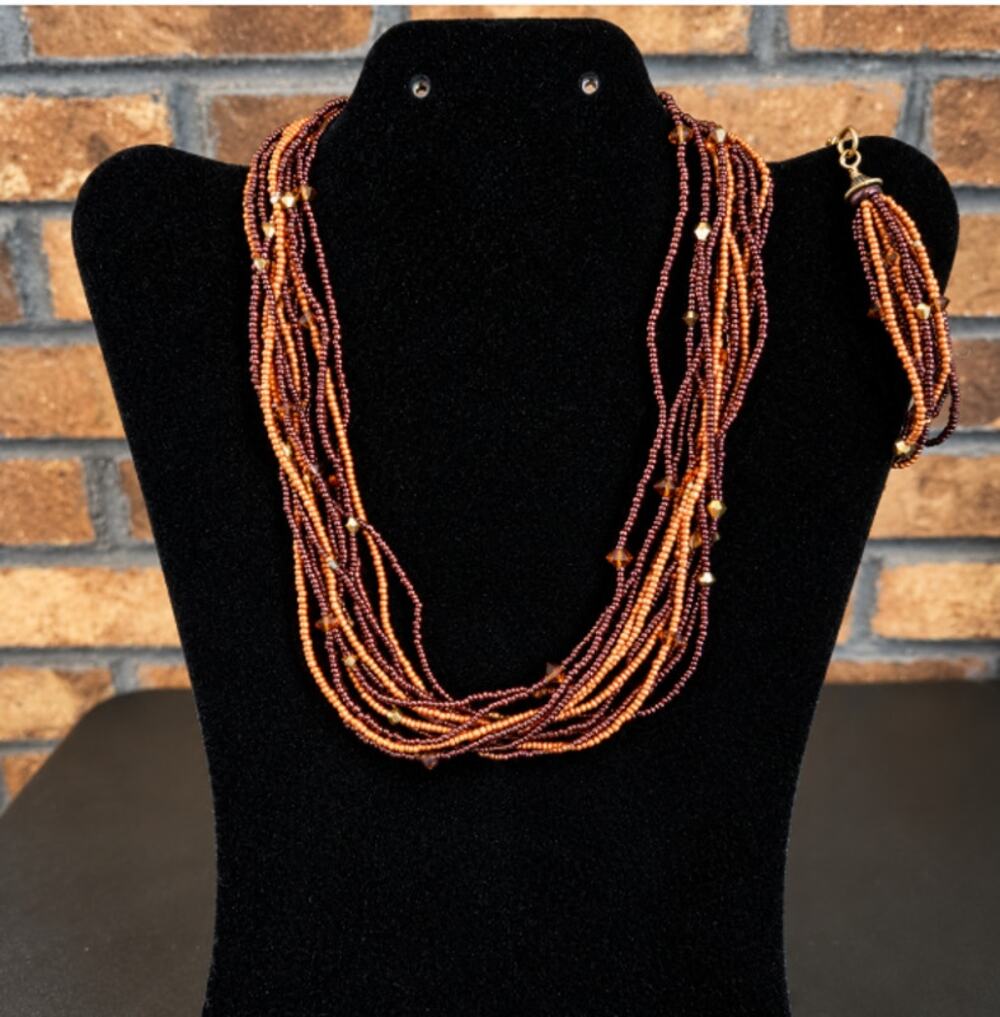 Multi Strand Bronze & Brown Seed Bead Necklace & Matching Bracelet Set